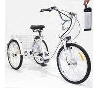 Tricycle électrique 24 pouces pour adultes, vélo à 3 roues, batterie lithium amovible 36 V 12 Ah (autonomie : 35-40 km), capacité de charge : 150 kg, avec panier, phare et klaxon, pour les déplaceme