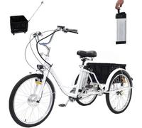 Tricycle électrique 24 pouces pour adultes, vélo à 3 roues, batterie lithium amovible 36 V 12 Ah (autonomie : 35-40 km), capacité de charge : 150 kg, avec panier, phare et klaxon, pour les déplaceme