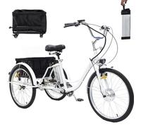 Tricycle électrique 24 pouces pour adultes, vélo à trois roues pour seniors, batterie amovible 36 V 12 Ah, autonomie 35 km | Charge maximale 150 kg | Double freins, avec valise à roulettes, pour cou