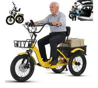 Tricycle électrique Pliable pour Adulte, 48 v 13 Ah, Pneu Large 18" X 3,0, Autonomie De 44 Km, Avec Phare LED Et Klaxon, Paniers Avant Et Arrière,Pour Les Courses Et Les Pique-Niques. Yellow