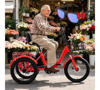 Tricycle électrique pliable pour adulte avec 3 modes de conduite, pneus 20 x 2,5", batterie 48 V 13 Ah, écran LCD, panier avant arrière, pour personnes âgées Rouge