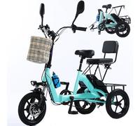 Tricycle électrique pliable pour adultes, idéal pour les trajets quotidiens. Équipé d'un siège passager et d'un grand panier, il est doté d'une batterie lithium amovible 48 V 10 Ah et supporte une c