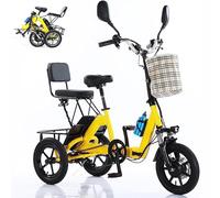 tricycle électrique pliant Tricycle Électrique 350 W For Adultes, Vélo Électrique Pliant À 3 Roues De 14", Batterie 48 V 10 Ah, Avec Paniers Avant Et Arrière, Vélo De Croisière Réglable(Yellow)