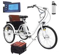 Tricycle électrique pour adultes, 24 pouces, avec batterie 36 V 12 Ah, autonomie de 35 à 40 km, capacité de charge de 150 kg, scooter d'exercice et de courses pour personnes âgées, siège blanc