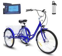 Tricycle électrique pour adultes, vélo tricycle 24 pouces, avec batterie 36 V 12 Ah, autonomie de 35 à 40 km, capacité de charge de 150 kg, scooter d'exercice et de courses pour personnes âgées, Blu