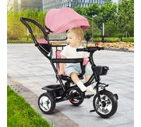 Tricycle Enfant de 9 Mois jusqu'à 25 kg, Porte-gobelet,avec Tige de Poussée Réglable en Hauteur, Siège Rotatif d'avant en Arrière, Auvent Rabattable,4 en 1 (Rose)