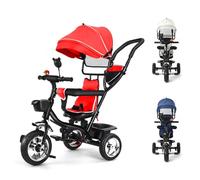 Tricycle Enfant de 9 Mois jusqu'à 25 kg, Porte-gobelet,avec Tige de Poussée Réglable en Hauteur, Siège Rotatif d'avant en Arrière, Auvent Rabattable,4 en 1 (Rouge Vif)
