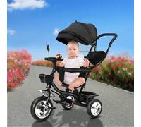 Tricycle Enfant Évolutif avec Siège Réversible, Tricycle à Pousser pour Filles et Garçons,Espace Rangement,Pare-Soleil,Canne Télescopique (noir)