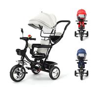 Tricycle Enfant Évolutif avec Siège Réversible, Tricycle à Pousser pour Filles et Garçons,Tricycle Vélo Enfant avec Espace Rangement&Pare-Soleil&Canne Télescopique + Pédales Amovibles(Gris)