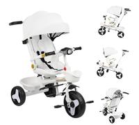 Tricycle Évolutif 5-en-1 pour Enfants, Barre de Poussée Ajustable, Capacité 20 kg, Poussette Canne Compacte avec Panier et Canopy, Lumières et Musique, Siège Pivotant Réglable (Blanc)