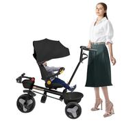 Tricycle Évolutif 5-en-1 pour Enfants, Barre de Poussée Ajustable, Capacité 20 kg, Poussette Canne Compacte avec Panier et Canopy, Lumières et Musique, Siège Pivotant Réglable (Noir)