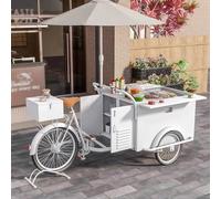 Tricycle Mobile avec vitrine à Boissons et Parasol, Chariot ambulant pour la Vente de Glaces et de Snacks, vitrine Alimentaire pour marchés de Rue et Aires de Jeux, armoi