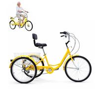 Tricycle Pour Adultes Seniors - Vélo à Trois Roues 24 Pouces, 7 Vitesses, Avec Siège Confortable, Grand Panier Arrière Et Cadre En Acier Robuste Pour Faire Les Courses, Les Pique-Niques - Jaune