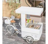 Tricycle Vélo distributeur de nourriture mobile avec vitrine de boissons, crème glacée et boissons, parapluie et armoire de rangement pour aire de jeux Snack Street