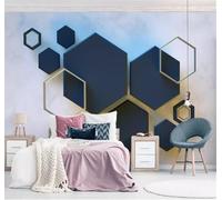 Tridimensionnel Doré Bleu Géométrique Hexagonal Papier Peint 3D Installation Facile Intissé Tapisserie Bureau Salon Canapé Chambre Décoration Murale-250cm×170cm