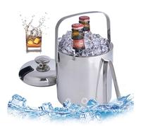 TRIEBAN Seau à glace en acier inoxydable de 1,3 l avec double paroi portable isolante avec couvercle, poignée de transport, pelle à glace et passoire, argent