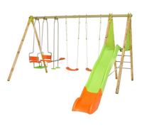 TRIGANO Portique bois et métal KAHUNA - 2,30m - 2 balançoires, 1 face à face, 1 nacelle et 1 toboggan 2,63m