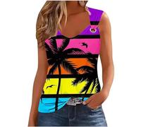TRIGLICOLEUM Débardeur hawaïen pour femme - Sans manches - T-shirt de vacances - Imprimé noix de coco - Hauts à bretelles creux - Débardeurs d'été - Col en V - T-shirt sexy - Hauts de plage -
