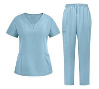 TRIGLICOLEUM Ensemble casaque à enfiler unisexe + pantalon à enfiler - Vêtement professionnel médical - Chemise à enfiler - Uniforme de médecin - Vêtement d'infirmière, bleu clair, S