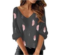 TRIGLICOLEUM Pull femme chemisier tunique avec imprimé plumes colorées T-shirt confortable à manches longues chemises Élégant haut avec col en V Printemps Automne Basic T-shirt de sport Tops