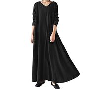 TRIGLICOLEUM Robe longue pour femme - Vintage - Uni - Robe d'hiver - Décontractée - Caftan ample - Manches longues - Col en V - Pull-robe - Chaud - Coton - Maxi robe - Robe de loisirs - Robe de soirée