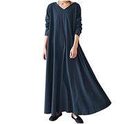 TRIGLICOLEUM Robe longue pour femme - Vintage - Unie - Hiver - Décontractée - Baggy - Caftan - Manches longues - Col en V - Pull-robe - Chaude - En coton - Maxi robe - Robe de loisirs - Robe