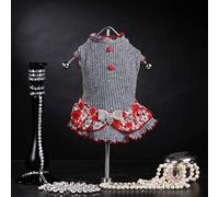 Trilly Tutti Brilli Mary Robe en Laine avec Volants Fantaisie Florale et Broche nœud Strass et Boutons en étoile, Gris, L - 1 Produit