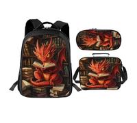 Trimety Ensemble sac à dos dragon 3 pièces avec sac d'école et boîte à déjeuner avec trousse à crayons, sac à livres amusant pour tout-petits, enfants, filles, garçons, adolescents, maternelle