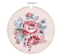 Trimits Kit de broderie avec cerceau - Motif fleur de rose sur tissu en coton pré-imprimé (25 x 25 cm) avec envers en feutre, fil, aiguille et instructions (français non garanti) - Mélange de points