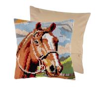 Trimits Kit de coussin au point de croix, dos de coussin inclus, toile pré-imprimée, fil et aiguille inclus 40 x 40 cm (15,75 x 15,75 in) - Cheval Brun