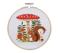 Trimits Kits de Broderie - Kit de Broderie 15cm 6 pouces, Kits Point de Croix pour Adultes, Kit de Démarrage avec Cerceau à Broder en Bambou, Tissu, Fils, Aiguille & Support - Champignon et Écureuil