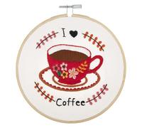 Trimits Kits de Broderie - Kit de Broderie 15cm 6 pouces, Kits Point de Croix pour Adultes, Kit de Démarrage avec Cerceau à Broder en Bambou, Tissu, Fils, Aiguille & Support - I Love Coffee