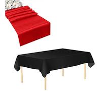 Trimming Shop Ensemble de chemin de table, 1 nappe de table jetable noire en plastique imperméable et 1 chemin de table en satin rouge pour anniversaire, mariage, fête de Noël