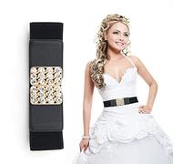 Trimming Shop Noir Large Femme Élastique Ceinture pour Habillé, Décontracté avec Or Célèbre Boucles et Bejewelled Faux Strass, Réglable, Extensible, 60mm - Noir, Large