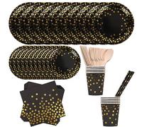 Trimming Shop Service de table jetable 80 pièces noir à pois dorés comprenant des assiettes en carton, des tasses, des serviettes, des couverts, des fourchettes, des cuillères, des pailles pour