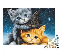 Trio de Chats Mignons Puzzle de 1000 Pièces Adultes Trois Chats Mignons Empilés sous Ciel Étoilé Premium Haute Qualité Robuste Vibrant Stimulant Anti-Stress 70x50cm/1000pcs