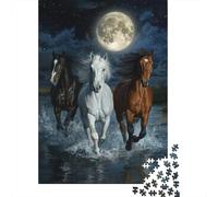 Trio de Chevaux Nocturne Paquet 1000 Pièces Premium Carton Chevaux sous Pleine Lune Puzzle, Jeu Logique Adultes, Soulagement Stress, Cadeau & Activité Couple 38x26cm/1000pcs