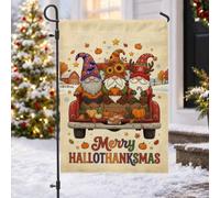 Trio de gnomes rouges, citation saisonnière des vacances, drapeau de jardin | Camion rouge vintage, drapeau de cour, citrouilles de récolte saisonnière, accents de tournesol, illustration de nain