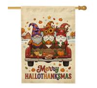 Trio de gnomes rouges, citations saisonnières, gnomes, maison, drapeau | Camion rouge vintage, drapeau de cour, citrouilles de récolte saisonnière, accents de tournesol, illustration de nain