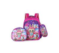Trio de sacs à dos pour enfants - Nylon - Grande capacité - Motif Labubu en position debout sur un pied - Rose - 42×31 cm