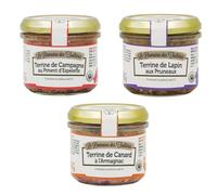 Trio de terrines - Campagne, Canard, Lapin - 3 bocaux 90 g | Terrine campagne piment d'Espelette, canard armagnac, lapin pruneaux - apéritif ou entrée, sans conservateur ajouté