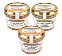 Trio de terrines - Chevreuil, Canard, Lapin - 3 bocaux 180 g | Terrine chevreuil cognac, canard orange, lapin armagnac - coffret apéritif ou entrée, sans conservateur artificiel ajouté