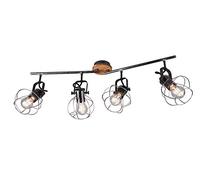 TRIO Plafonnier industriel en acier/nickel mat/satiné avec bois 83 cm 4 lampes torce acier/bois oblong E27 max. 4 x 28 W 4 voies éclairage intérieur