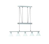 TRIO, Suspension, Stamina 5xE14, max.40,0 W Verre opale, Blanc, Corps: metal, Nickel mat L:102,0cm, L:14,0cm, H:180,0cm IP20,Hauteur réglable