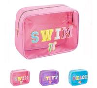 TRIP TIGER Beach Swim Stuff Lot de 3 trousses à cosmétiques avec lettres en chenille, grande capacité, rose, bleu, violet, Nage rose, Décontracté