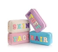 TRIP TIGER Preppy Lot de 4 trousses de maquillage en velours côtelé avec fermeture éclair - Cadeau d'anniversaire pour femme, Violet, beige, rose, bleu, Décontracté