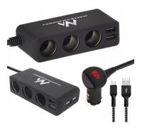 Triple connecteur de prises allume-cigare Maclean, voltmètre, 4xUSB, 4,8A, max 120W, noir, caoutchouté, MCE117 câble USB-C 1m