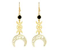 Triples boucles d'oreilles lunaires de déesse pour femmes et filles en acier avec nœud celtique, rune lunaire, cristal noir, amulette en pendentif Wicca (Or)