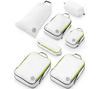 TRIPPED Travel Gear Lot de 7 grands cubes de rangement pour voyage - Sacs de compression ultra légers, extensibles/de compression pour vêtements (blanc/vert)