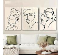 Triptyque en toile (3 pièces) représentant un couple, dessin au trait continu, design créatif et épuré, idéal pour chambre, salon ou bureau (35 x 50 cm x 3 / 14 x 20 pouces x 3 (L x H) / Sans cadre)